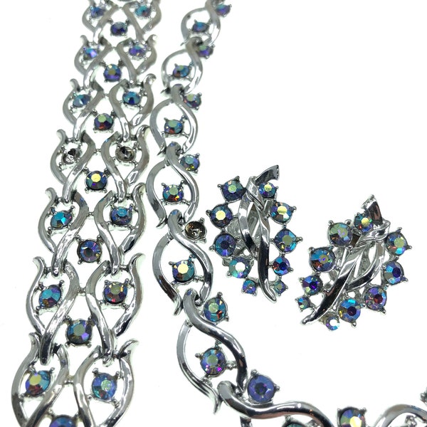 Mid Century Blue AB Rhinestone Crystal Parure Set | Amazing Condition | Silver Tone with Leaves Motif