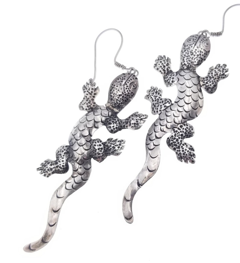 Huge Sterling Silver Lizard Earrings Hand Hammered /& Scaled with Dangle Hooks 1980s