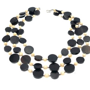 Vintage 1960s Natural Black & White Horn Three Strand Bib Necklace | Silver Tone