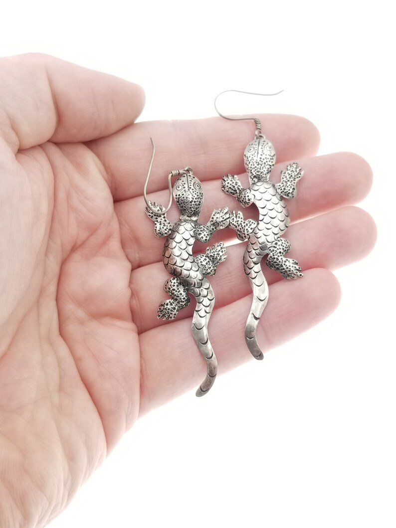 Huge Sterling Silver Lizard Earrings Hand Hammered /& Scaled with Dangle Hooks 1980s