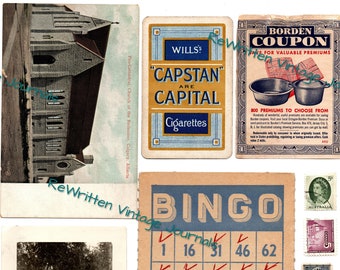 Printable Ephemera Junk Journal Vintage Blues and Gray DIGITAL Blue Bingo Card Old Receipts Tickets Coupons Photos Scrapbooks  Postal stamps