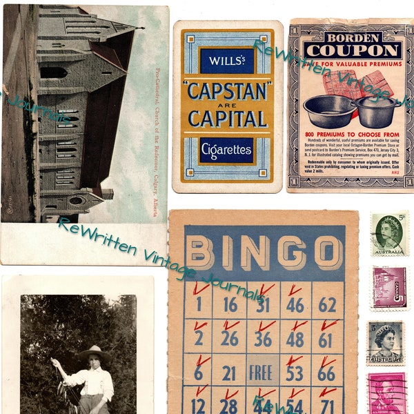 Printable Ephemera Junk Journal Vintage Blues and Gray DIGITAL Blue Bingo Card Old Receipts Tickets Coupons Photos Scrapbooks  Postal stamps