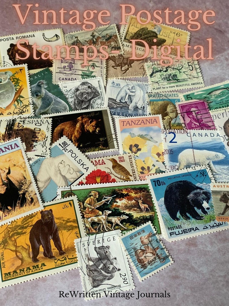 Vintage Postal Stamp Collection Digital Scanned Ephemera Junk Journal Fussy Cut Collage Printable Images image 3