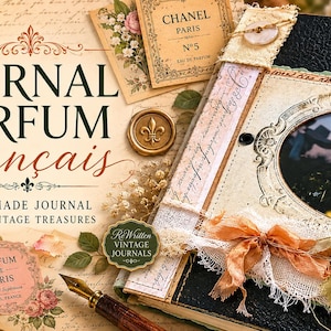 May include: A handmade journal titled le JOURNAL de PARFUM français with vintage-style labels, a gold wax seal, a fountain pen, and a black cover featuring an oval photo of a basket of flowers, accented with lace and ribbons on a floral background.