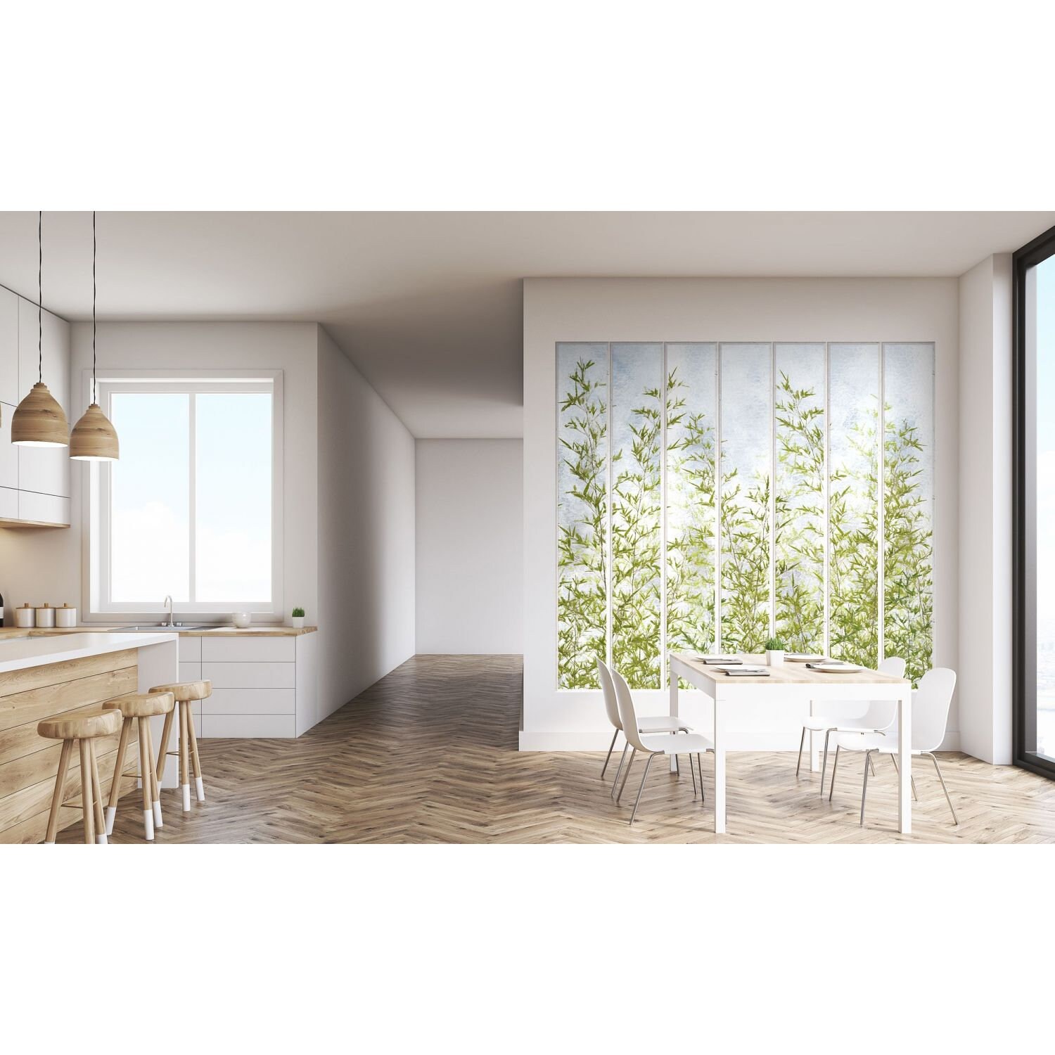 Papier Peint Panoramique Grande Verrière Blanche et Bambous 3 Lés