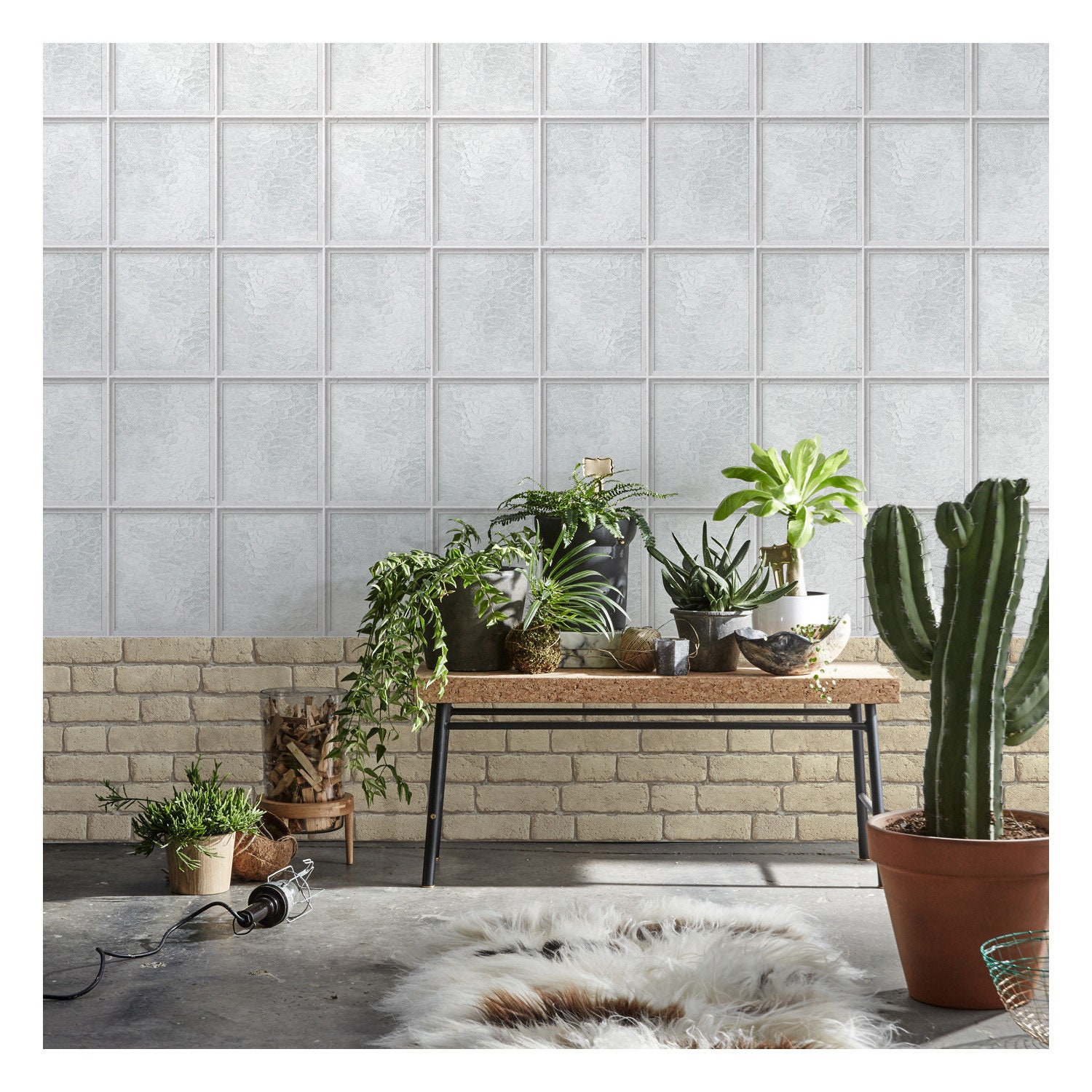 Papier Peint Verrières d'atelier Blanches Petits Carreaux