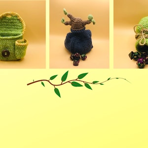 Peut inclure: Trois articles au crochet sont présentés sur un fond jaune. Ils comprennent une pochette verte avec des poches, une créature bleue et marron et une boule verte avec deux petites pochettes. Des dés sont éparpillés autour des articles.