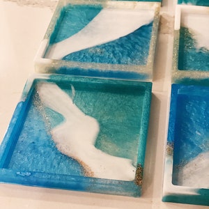 Blue Teal & Gold Shimmer Resin Coasters Swirl design handmade 4 inch set of six square
