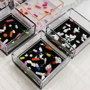 4x4 Assorted pill trinket or ring dish with gold flakes in clear resin perfect for medical student or pharmacist gift! Jonathan Adler insp