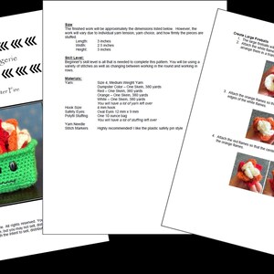 May include: A crochet pattern titled "Miley's Menagerie: Nick's Dumpster Fire" with instructions and images. The pattern includes a green container with a smiling face, filled with red, orange, and white flames. The finished work is approximately 5 cm in length, 6.35 cm in width, and 7.6 cm in height.