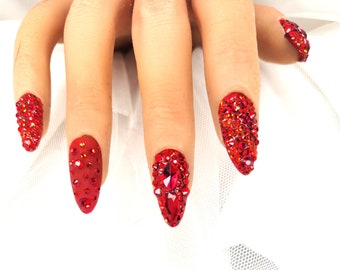 Ruby nails/ red crystal nails/ full bling press on nails