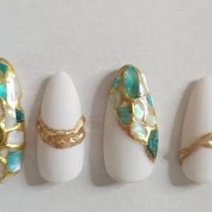 Beautiful Abalone shell press on nails,with gold and pearl accents. XXXl shades of green jewel toned mermaid shells, at tiffanydesignernails