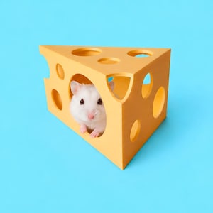 Könnte beinhalten: Ein kleiner weißer Hamster mit dunklen Augen und rosa Ohren schaut aus einem gelben, dreieckigen Versteck in Käseform heraus. Die Struktur weist mehrere kreisförmige Aussparungen unterschiedlicher Größe auf den oberen und seitlichen Paneelen auf.