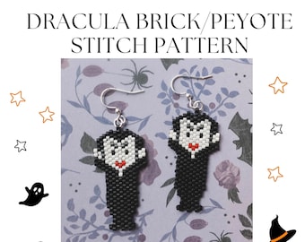 May include: Pair of handmade Halloween earrings featuring a Dracula design. The earrings are made with black, white, and red beads, and have silver-colored hooks. The background includes Halloween-themed illustrations and the text "DRACULA BRICK/PEYOTE STITCH PATTERN."