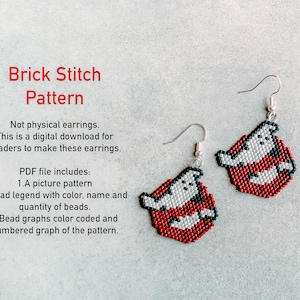 May include: A pair of beaded earrings featuring the Ghostbusters logo. The earrings are in red, white, black, and silver. The image also includes the text "Brick Stitch Pattern" and details about the digital download.