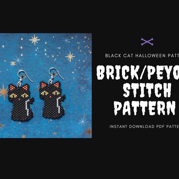 Halloween brick stitch pattern , black cat pdf pattern, seed bead earring|pdf pattern download|peyote scheme, bead pattern