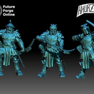 May include: Three teal-coloured miniature figures of warriors with bows and arrows. The figures are posed in different stances, with one figure aiming an arrow, one figure holding a bow, and one figure holding a sword. The figures are all wearing armour and have a fierce expression on their faces. The figures are from the company "Khurzluk Miniatures".