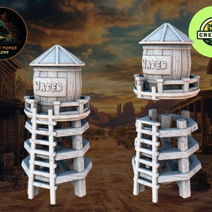 May include: Miniature white water towers, each with the word "WATER" on the side. The towers feature a barrel-shaped water tank, a sloped roof, and a multi-tiered wooden support structure. The background depicts a western town and landscape.