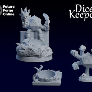 May include: Three 3D printed dice holders, each featuring a different design. The first is a skeletal figure holding a 20-sided die, perched atop a dragon's head. The second is a skull with a tentacle-like design holding a 20-sided die. The third is a simple bowl-shaped holder with a textured surface.