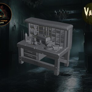 May include: A grey workbench with tools, drawers, and shelves. The workbench has a vice, grinder, and other equipment. The image includes the text "FUTURE FORGE ONLINE" and "Vault Z".