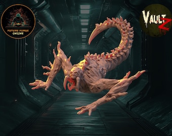 May include: A detailed, 3D printed model of a monstrous, fleshy creature with a scorpion-like tail. The creature has a grotesque, open mouth with sharp teeth and claws. The model is painted in a pale, fleshy color with hints of red.