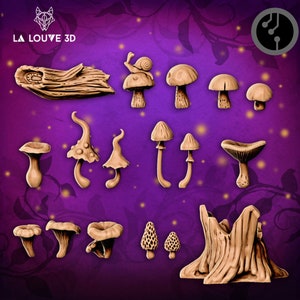 May include: A set of 13 miniature mushroom figurines, including a variety of shapes and sizes, with a snail on top of one mushroom. The mushrooms are made of a light brown material and have a realistic texture. The figurines are arranged on a purple background with a light brown log and a tree stump.