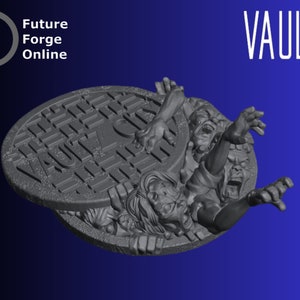 May include: A grey 3D printed model of a sewer grate with the word "VAULTZ" printed on it. The grate is open and several figures are reaching up from below.