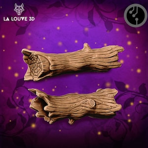 May include: Two brown wooden tree branches with bark texture. The branches are curved and have a hollowed-out section. The branches are isolated on a purple background.