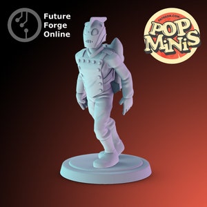 May include: A white 3D printed miniature figure of a futuristic robot wearing a helmet and a jetpack. The figure is standing on a round base. The figure is part of a set of miniatures for tabletop gaming.