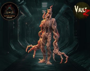 May include: A grotesque, fleshy, humanoid creature with multiple arms and a horned head. The creature is standing in a dark, industrial setting. The text "Vault Z" is visible in the background.