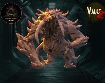 May include: A detailed, 3D printed model of a monstrous creature with a fleshy, pale pink body and sharp claws. The creature has a large, gaping maw with sharp teeth and a textured, bumpy surface. The model is set against a dark, industrial background.