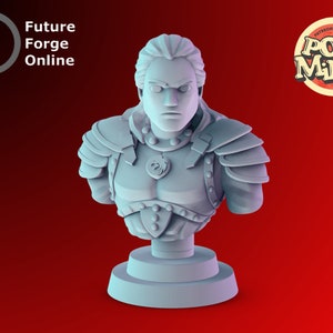 May include: A white 3D printed bust of a person wearing armour and a necklace with a wolf pendant. The bust is on a white base and is set against a red background.