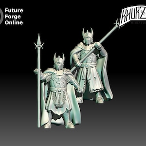 May include: Two miniature figures of warriors wearing helmets and armour, holding spears. The figures are painted in a light green colour and have a detailed design.