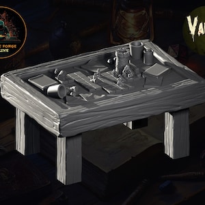 May include: A grey wooden table with a game board and miniature figures on top. The table has a rustic look and is made of thick planks. The game board is made of a lighter wood and has a grid pattern. The miniature figures are made of plastic and are painted in various colours. The table is sitting on a dark surface.