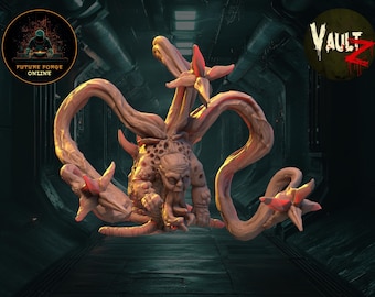 May include: A fleshy, humanoid creature with a grotesque face and multiple tendrils, each ending in a red flower. The creature is posed in a dynamic, reaching pose, suggesting movement and aggression.