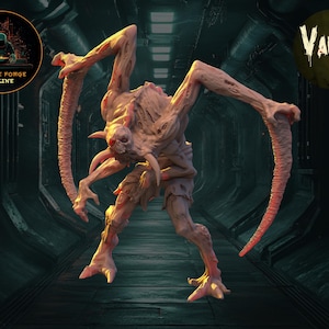 May include: A pink, fleshy, humanoid creature with long, thin appendages and a sharp, pointed head. The creature is standing in a dark, industrial setting with a "Vault Z" logo in the background.