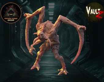 May include: A pink, fleshy, humanoid creature with long, thin appendages and a sharp, pointed head. The creature is standing in a dark, industrial setting with a "Vault Z" logo in the background.