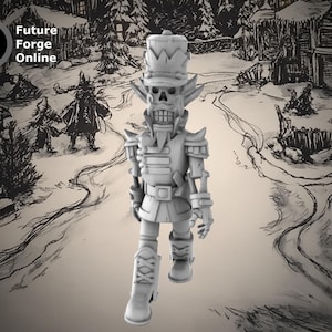 May include: A grey 3D-printed figurine of a skeletal nutcracker soldier, in a military uniform and hat. The background is a black and white sketch of a winter scene. The logo "Future Forge Online" is in the upper left corner.