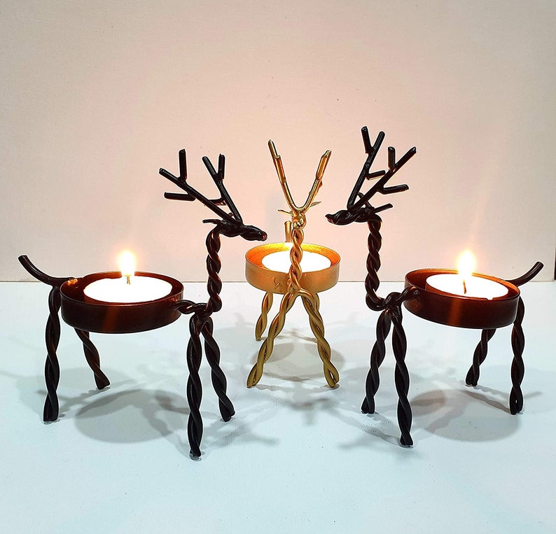 Metal Handmade Decorative Reindeer Candle Holder Set of 3 2 Black & 1 Golden Christmas Decorations Items for Home image 1