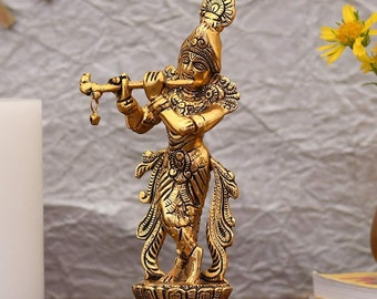 Lord Krishna Playing Flute Idol Metal Statue/Murti for Good Luck As Office Table