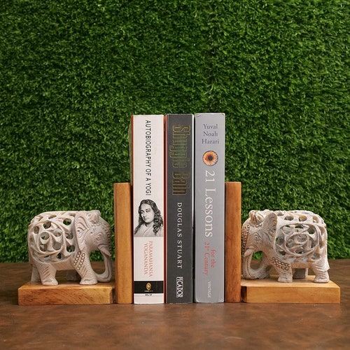 Shops Elephant Bookends Wood & Marble Bookends Book Organizers Book Shelves Office Décor Library Décor