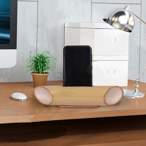 Bamboo Mobile Speaker stand with Gloss Eco friendly minimalist phone amplifier, wood cell phone stand, desktop mobile phone holder