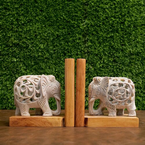 Shops Elephant Bookends Wood & Marble Bookends Book Organizers Book Shelves Office Décor Library Décor