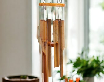Carillons éoliens faits main en bois de bambou pour décoration de maison et de jardin - Carillons éoliens rustiques pour intérieur/extérieur - Cadeau de pendaison de crémaillère