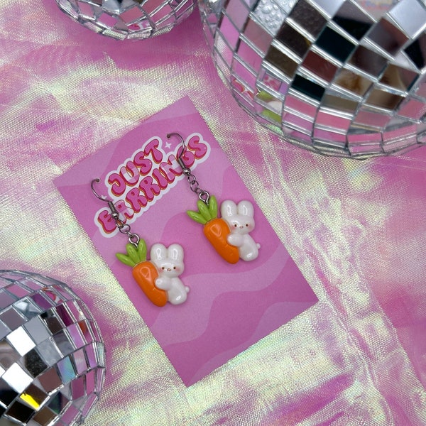 Rabbits With Carrots // Cute Earrings, Kawaii Earrings, Weird Earrings