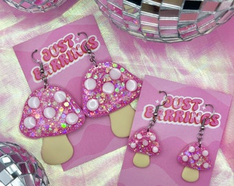 Baby Pink Glittery Mushroom Earrings // Toadstool Earrings, Polymer Clay Earrings, Handmade Earrings