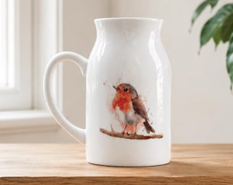Robin Ceramic Flower Vase Jug, Sympathy Remembrance Gift, Birthday Housewarming Present, Country Kitchen Cottagecore Decor Pitcher