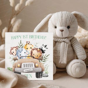Carte personnalisée pour le premier anniversaire, Animaux de safari, Anniversaire sur le thème de la jungle, Fille, Nièce, Cousin, ami, Fils, Neveu, 1er 2e 3e 4e 5e