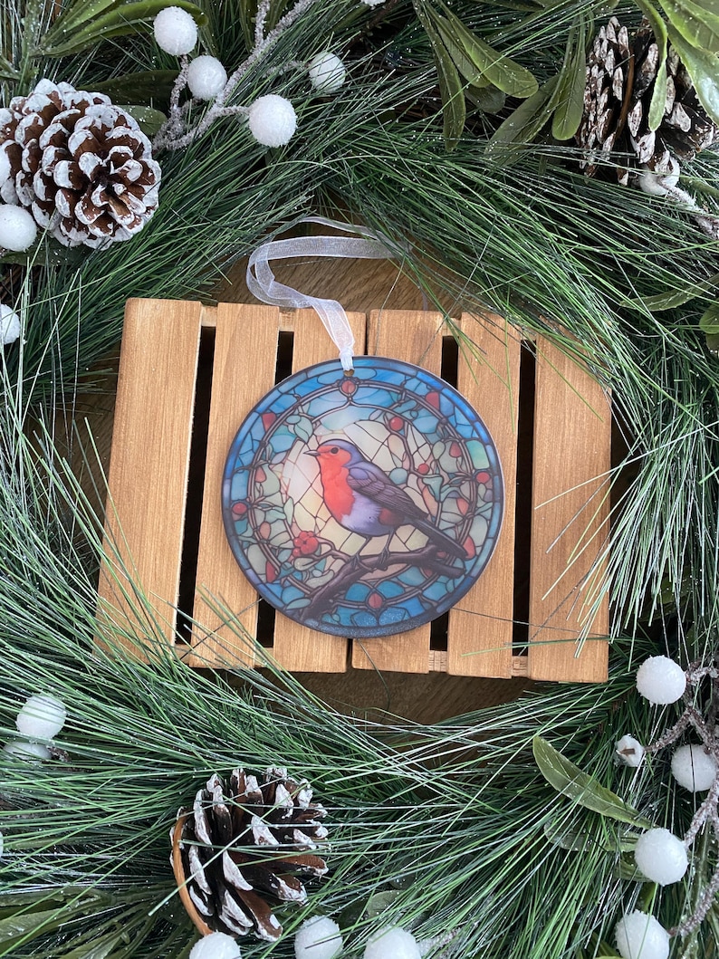 Stained glass acrylic robin sun catcher, When Robins are near, Robin gifts, Robin Christmas tree decoration, Window hanging, Robin Memorial image 5