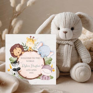 Bienvenido al mundo, Tarjeta de felicitación, Tarjeta personalizada para bebé recién nacido, Tarjeta personalizada para bebé recién nacido, Tarjeta de la jungla, Animales de safari